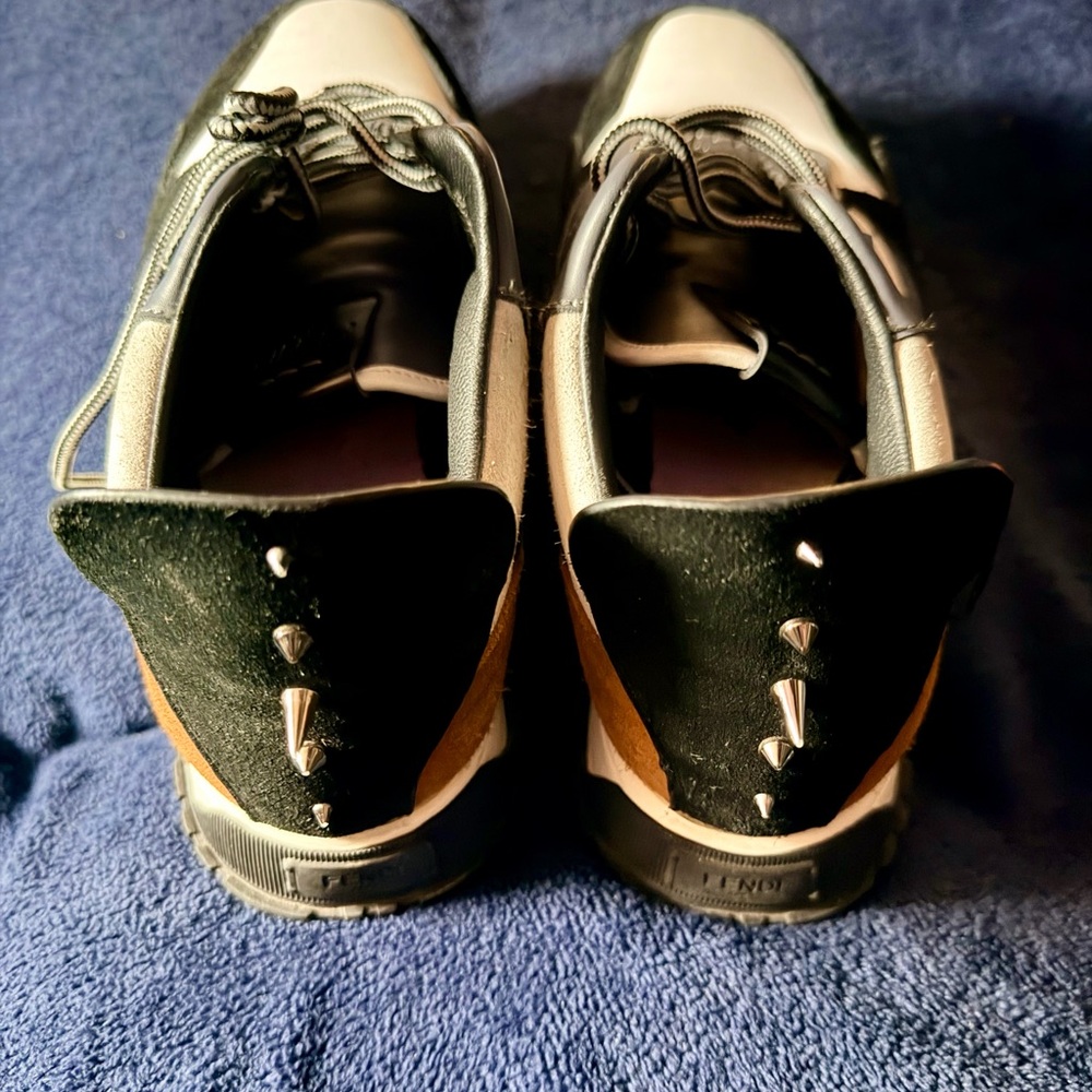 Fendi Men’s Leather & Suede Sneakers w/ Stud Detail — Navy, Black, White & Brown - Picture 2 of 4
